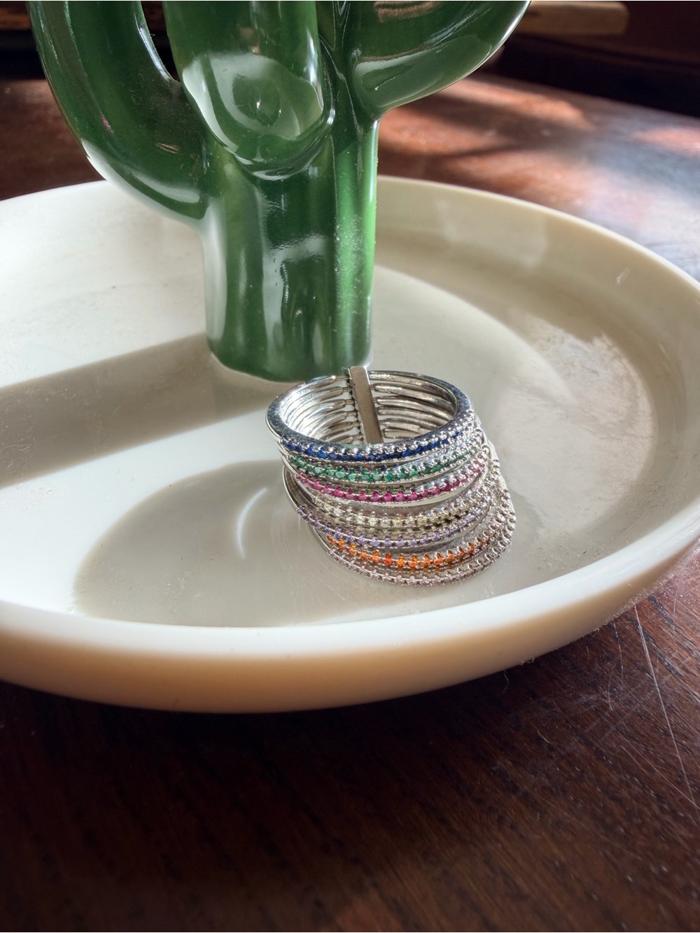 Silver Multi-Row Crystal Band Ring in Rainbow Colors - Women's Jewelry size 7.5